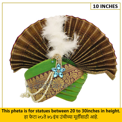 Traditional Ganpati Feta Mukut (Paithani Silk Turban) | Fits 20–30 Inch Height Idols | | 10 Inch Ear-to-Ear Size Royal Ethnic Crown with Feather, Moti Latkan, Adjustable Headgear