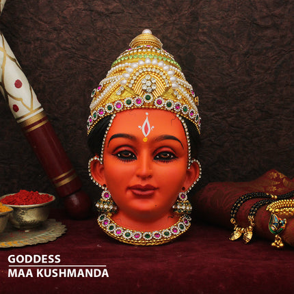 Kushmanda Devi Face Idol – Fourth Form of Navdurga | Adi Shakti/Ashtabhuja Devi Face Mukhavata for Festival & Temple Decoration
