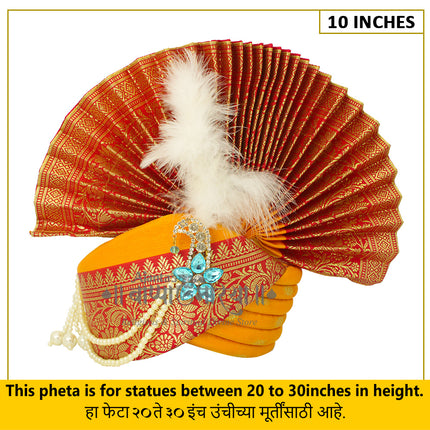 Traditional Ganpati Feta Mukut (Paithani Silk Turban) | Fits 20–30 Inch Height Idols | | 10 Inch Ear-to-Ear Size Royal Ethnic Crown with Feather, Moti Latkan, Adjustable Headgear