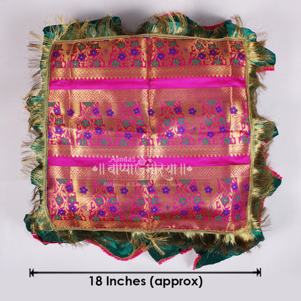 Paithani Silk Chaurang Aasan for Pooja | Multicolour Floral Brocade Cloth with Zari Border & Green Frill | Ideal for Idol, Kalash, Thali Decoration | 18 Inch Paithani Design Aasan for Ganesh, Navratri & Diwali Puja