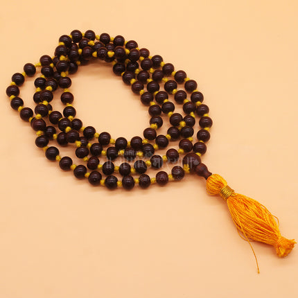 Red Sandalwood Japa Mala with Yellow Tassel for Meditation & Chanting Spiritual Prayer Beads for Yoga, Pooja, and Mantras