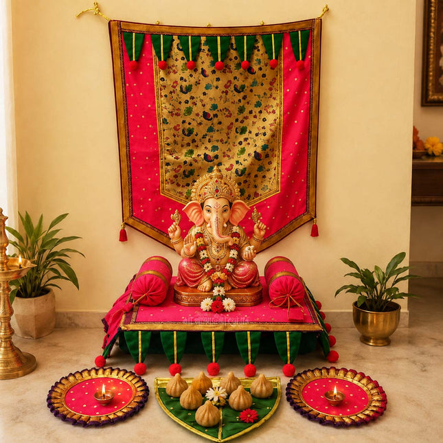संपूर्ण गणपती बाप्पा पूजा, स्थापना आणि सजावट सेट – दिव्य दरबार Ecofriendly  Ganpati Decoration Makar Set | Backdrop & Pooja Aasan Set | Ganpati Sthapana, Navratri, Kalash Sthapana, Varalakshmi Pooja, Margashirsha, Diwali & Vastu Pooja Festival Setup