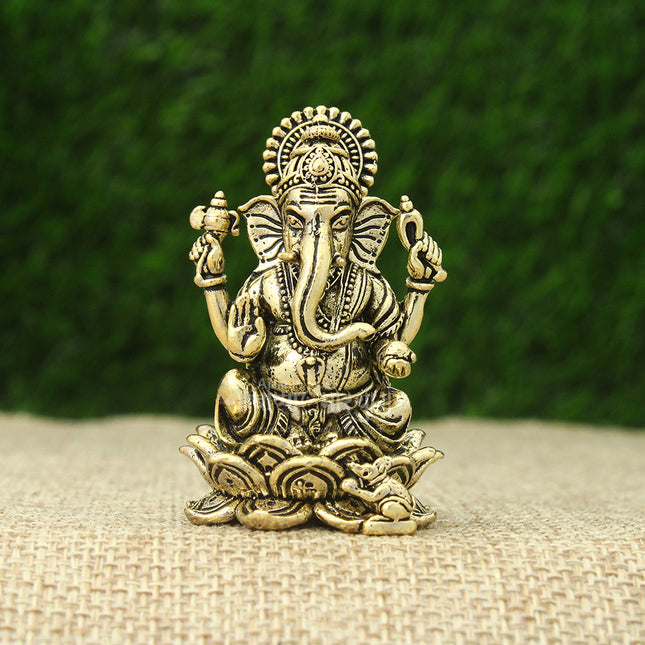 Vinayaka Ganesh Idol for Home Mandir | Mini Brass Ganesha Statue (2 Inch) | Prosperity & Good Luck Ganpati Murti | Lotus Base Antique Showpiece