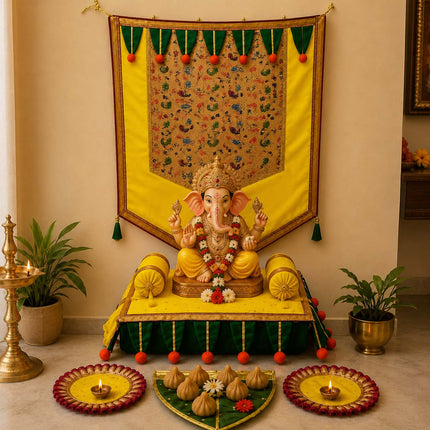 बाप्पाचा दिव्य दरबार – शुभ मंगल पूजा डेकोरेशन सेट  संपूर्ण गणपती स्थापना, पूजा व सजावट सेट Ecofriendly  Ganpati Makar Set with Backdrop, Toran, Chaurang & Pooja Aasan | गणपती, घटस्थापना, वरलक्ष्मी पूजा व दिवाळीसाठी