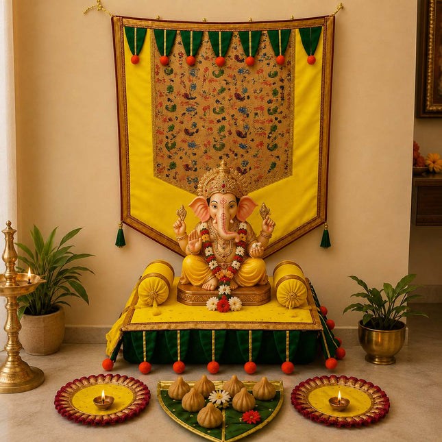 बाप्पाचा दिव्य दरबार – शुभ मंगल पूजा डेकोरेशन सेट  संपूर्ण गणपती स्थापना, पूजा व सजावट सेट Ecofriendly  Ganpati Makar Set with Backdrop, Toran, Chaurang & Pooja Aasan | गणपती, घटस्थापना, वरलक्ष्मी पूजा व दिवाळीसाठी