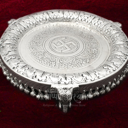 Pure Brass With  Silver Oxidized Polish  Pooja Plate  Gajalaxmi Thali – Elegant 10 Inch Pooja Plate for Festivals & Rituals