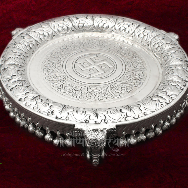Pure Brass With  Silver Oxidized Polish  Pooja Plate  Gajalaxmi Thali – Elegant 10 Inch Pooja Plate for Festivals & Rituals