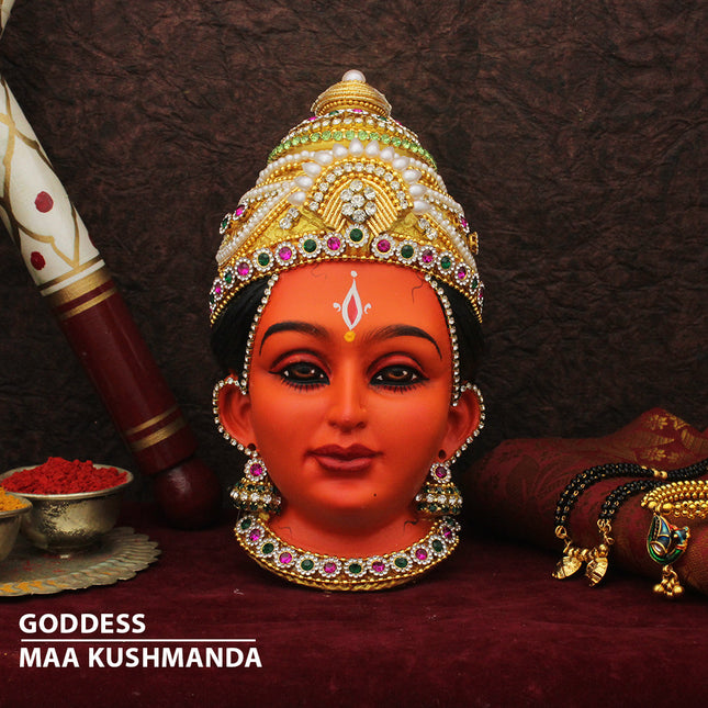 Kushmanda Devi Face Idol – Fourth Form of Navdurga | Adi Shakti/Ashtabhuja Devi Face Mukhavata for Festival & Temple Decoration