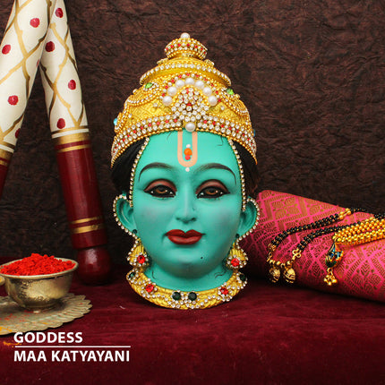 Maa Katyayani Devi Face Idol – Fierce Warrior Goddess & Sixth Form of Navdurga | Handcrafted Mukhavata for Navratri Pooja, Temple Decor & Spiritual Protection