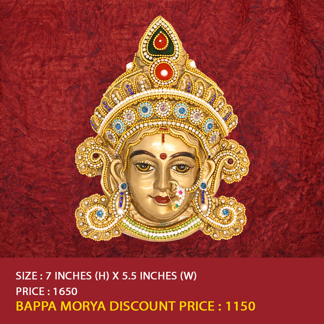 Handcrafted Golden Devi Face – Divine Spiritual Home Décor with Intricate Stonework | Perfect for Temples, Festive Celebrations, and Gifting