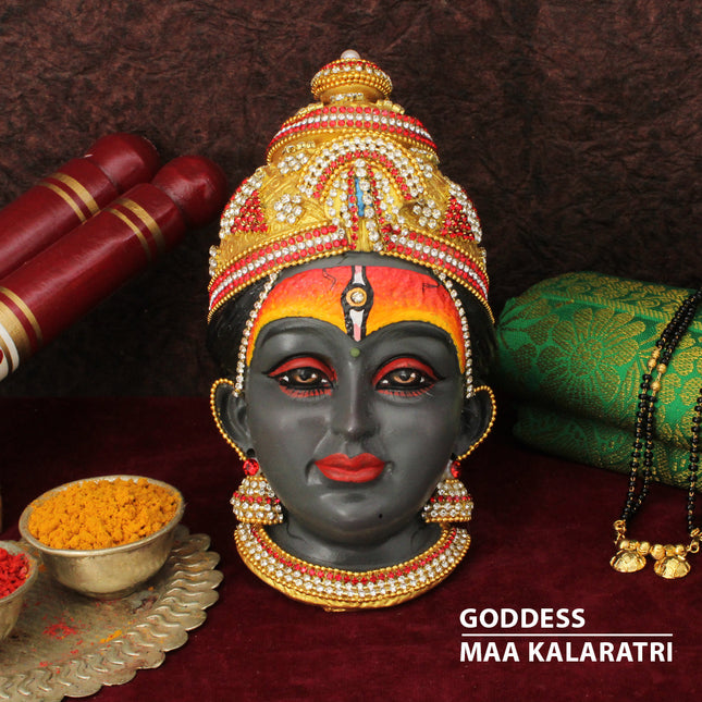 Maa Kalaratri Devi Face – Seventh Form of Navdurga | Handcrafted Shakti Roop Traditional Mukhavata for Navratri Puja (6.5 Inch)