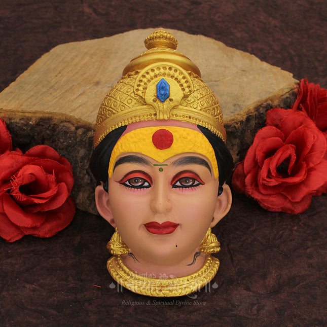 Dhanshree Yellow Madwat Mahalaxmi  Devi Face | Premium Handpainted Goddess Face for Puja | Temple Style Royal Yellow Madwat with Handmade Traditional Design Work Guruvar Vrat Puja | Margashirsha & Navratri Special