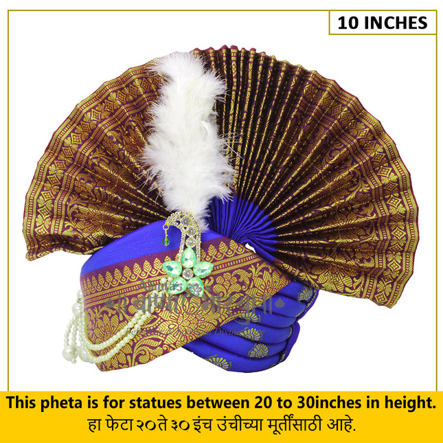 Traditional Ganpati Feta Mukut (Paithani Silk Turban) | Fits 20–30 Inch Height Idols | | 10 Inch Ear-to-Ear Size Royal Ethnic Crown with Feather, Moti Latkan, Adjustable Headgear