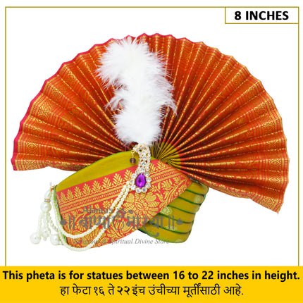 Traditional Ganpati Feta Mukut (Paithani Silk Turban) | Fits 16–22 Inch Height Idols | | 8 Inch Ear-to-Ear Size Royal Ethnic Crown with Feather, Moti Latkan, Adjustable Headgear (Green)