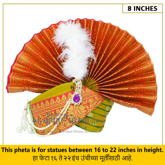 Traditional Ganpati Feta Mukut (Paithani Silk Turban) | Fits 16–22 Inch Height Idols | | 8 Inch Ear-to-Ear Size Royal Ethnic Crown with Feather, Moti Latkan, Adjustable Headgear (Green)