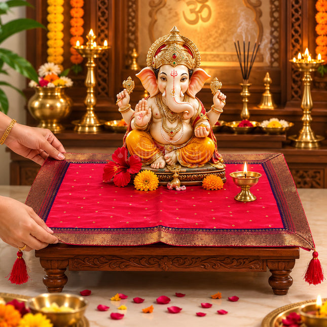 Paithani Chaurang Asan (चौरंग आसन) , धार्मिक विधी, देवपूजा आणि मूर्ती स्थापनेसाठी Traditional पूजा चौरंग आसन for Mandir & धार्मिक कार्य Handcrafted Chaurang Asan for Puja,मार्गशीर्ष गुरुवार व नवरात्रीसाठी विशेष  Kalash & Murti Sthapana (20×20 inch )