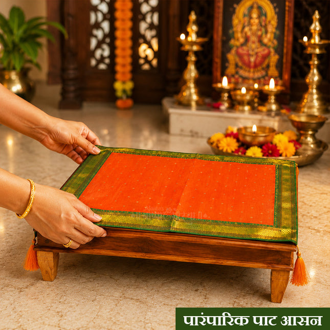 Pat Aasan Cloth (२१ × २७ इंच) for Home Temple – Traditional Puja Altar Cloth पूजेसाठी पारंपरिक पाट आसन कापड for Wooden Paat, Chowki & Deity Seating, पारंपरिक पाट आसन वस्त्र (21 × 27 Inches)