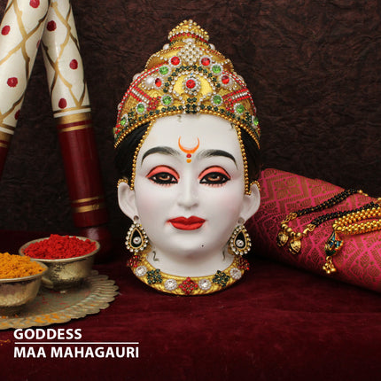 Maa Mahagauri Devi Face – Eighth Form of Navdurga | Handcrafted Goddess Mukhavata for Navratri Puja, Durga Puja & Home Temple