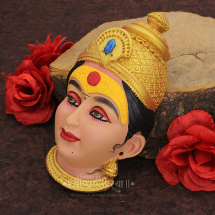 Dhanshree Yellow Madwat Mahalaxmi  Devi Face | Premium Handpainted Goddess Face for Puja | Temple Style Royal Yellow Madwat with Handmade Traditional Design Work Guruvar Vrat Puja | Margashirsha & Navratri Special