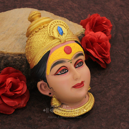 Dhanshree Yellow Madwat Mahalaxmi  Devi Face | Premium Handpainted Goddess Face for Puja | Temple Style Royal Yellow Madwat with Handmade Traditional Design Work Guruvar Vrat Puja | Margashirsha & Navratri Special