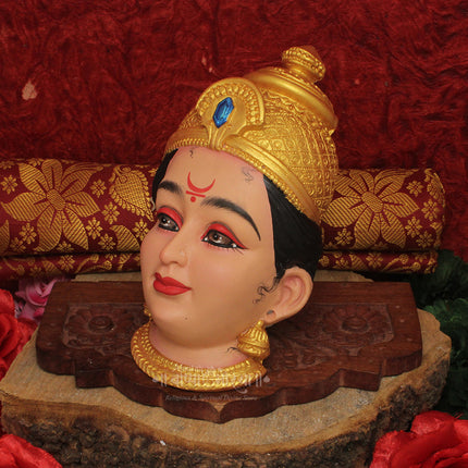 Dhanshree Dhanalaxmi Mahalaxmi Devi Face Mukhota | Golden Fiber Goddess Lakshmi Idol Face with Stone Work | Pujan Shringar for Home Mandir, Margashirsha, Navratri & Varalakshmi Vrat