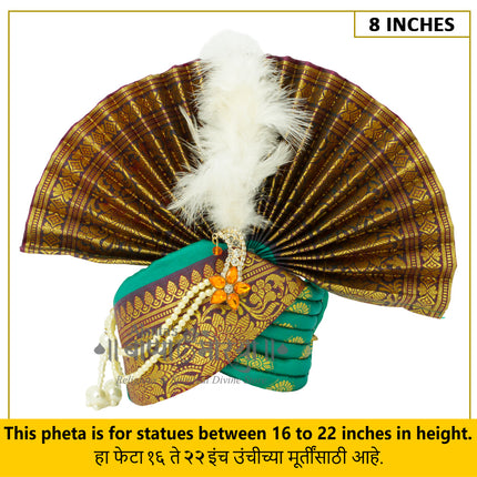 Traditional Ganpati Feta Mukut (Paithani Silk Turban) | Fits 16–22 Inch Height Idols | | 8 Inch Ear-to-Ear Size Royal Ethnic Crown with Feather, Moti Latkan, Adjustable Headgear