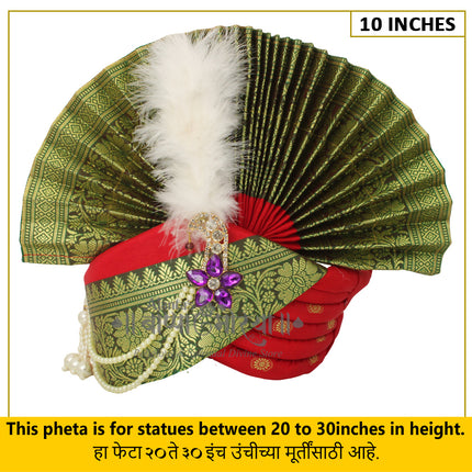 Traditional Ganpati Feta Mukut (Paithani Silk Turban) | Fits 20–30 Inch Height Idols | | 10 Inch Ear-to-Ear Size Royal Ethnic Crown with Feather, Moti Latkan, Adjustable Headgear