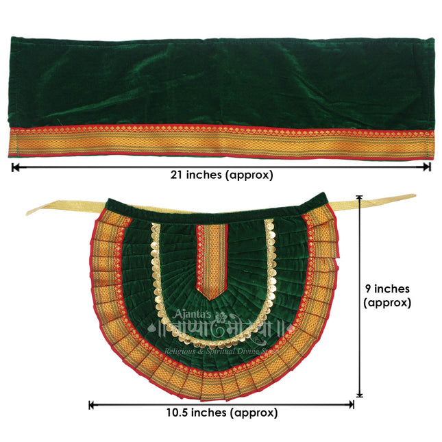 Green Velvet Lehanga Dupatta Poshak for Goddess Idol | Navratri, Margshirsh & Laxmi Puja DecorationNavratri Goddess Mata Rani Poshak, Maa Laxmi, Durga, Saraswati, Radha Shringar for Kalasha Pooja (9 Inch Poshak)