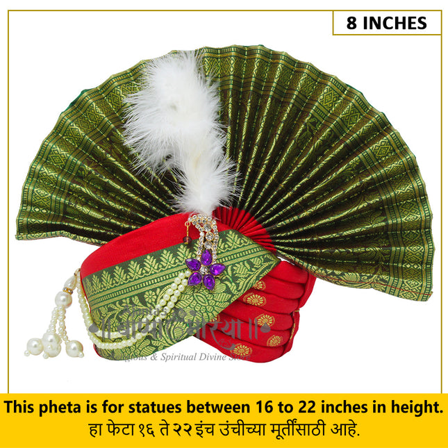 Traditional Ganpati Feta Mukut (Paithani Silk Turban) | Fits 16–22 Inch Height Idols | | 8 Inch Ear-to-Ear Size Royal Ethnic Crown with Feather, Moti Latkan, Adjustable Headgear (Red)