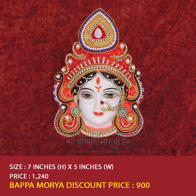 Divine Goddess Face Mukhavata Mahalaxmi Mukhota Traditional Decorative Mukut for Pooja Traditional Idol for Home Mandir, Navratri & Festive Décor (Stone-Studded)