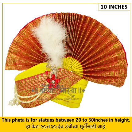 Traditional Ganpati Feta Mukut (Paithani Silk Turban) | Fits 20–30 Inch Height Idols | | 10 Inch Ear-to-Ear Size Royal Ethnic Crown with Feather, Moti Latkan, Adjustable Headgear