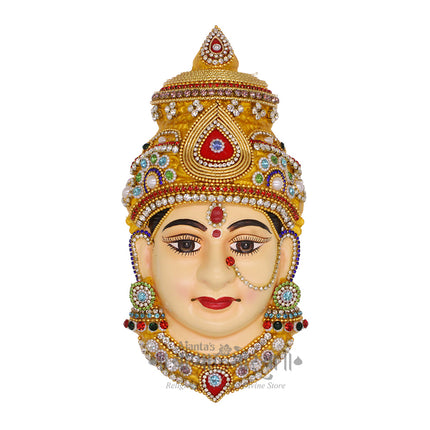 Handcrafted Mahalakshmi Devi Face Mukhota – 8 Inch Decorative Ammavari Face Idol with Zardosi & Stone Work for Navratri, Varalakshmi & Durga Pooja
