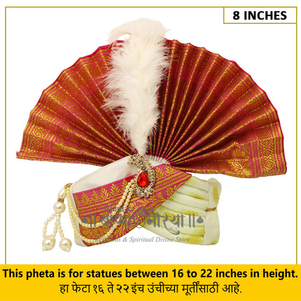 Traditional Ganpati Feta Mukut (Paithani Silk Turban) | Fits 16–22 Inch Height Idols | | 8 Inch Ear-to-Ear Size Royal Ethnic Crown with Feather, Moti Latkan, Adjustable Headgear (White)