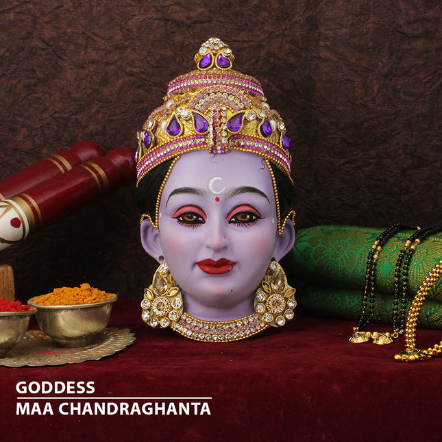 Chandraghanta Devi Face Idol – Third Form of Navdurga  | Chandrakor Durga/Shanti Roopini Face Mukhavata for Puja Décor