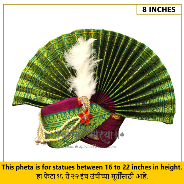 Traditional Ganpati Feta Mukut (Paithani Silk Turban) | Fits 16–22 Inch Height Idols | | 8 Inch Ear-to-Ear Size Royal Ethnic Crown with Feather, Moti Latkan, Adjustable Headgear