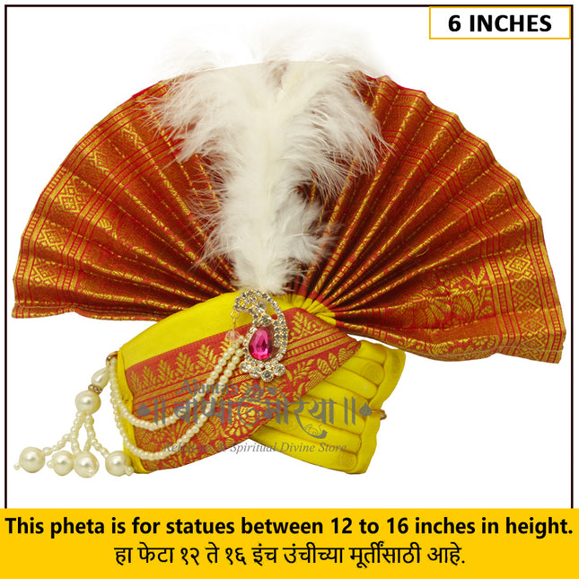 Ganpati Feta Mukut (Paithani Silk Turban) | Fits 12–16 Inch Height Idols | Ganesh Pheta for Gauri Ganpati Festival | 6 Inch Ear-to-Ear Size ( Yellow)