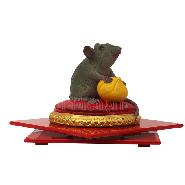 Fiber Mushakraj Idol for Ganpati Pooja | Hand-Painted Ganeshji Vahan Mouse Figurine Holding Modak | Decorative Chuha Idol for Mandap, Home Temple & Ganesh Chaturthi Decoration