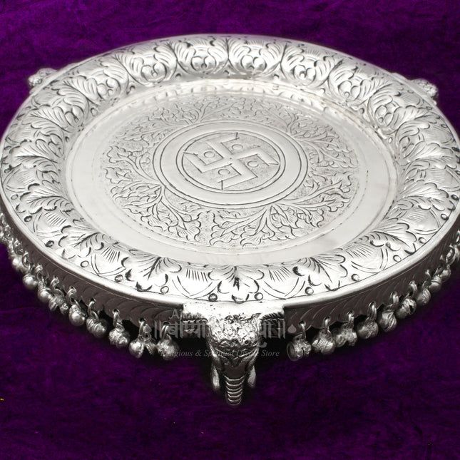 Pure Brass With  Silver Oxidized Polish  Pooja Plate  Gajalaxmi Pooja Thali – 8 Inch Traditional Aarti Plate for Festivals, Rituals & Temple Use
