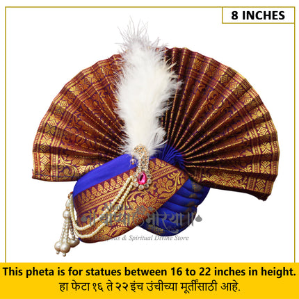 Traditional Ganpati Feta Mukut (Paithani Silk Turban) | Fits 16–22 Inch Height Idols | 8 Inch Ear-to-Ear Size Royal Ethnic Crown with Feather, Moti Latkan, Adjustable Headgear ( Blue)