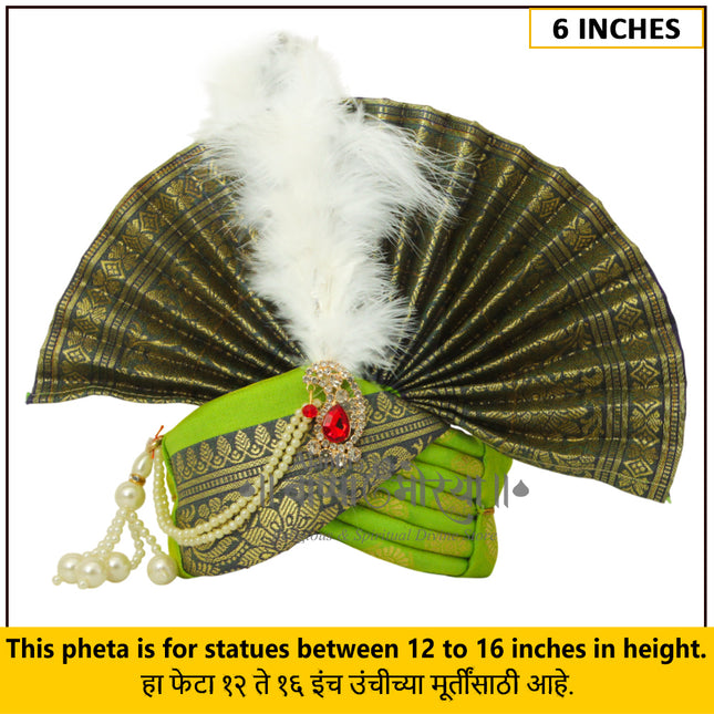 Ganpati Feta Mukut (Paithani Silk Turban) | Fits 12–16 Inch Height Idols | Ganesh Pheta for Gauri Ganpati Festival | 6 Inch Ear-to-Ear Size (Green)