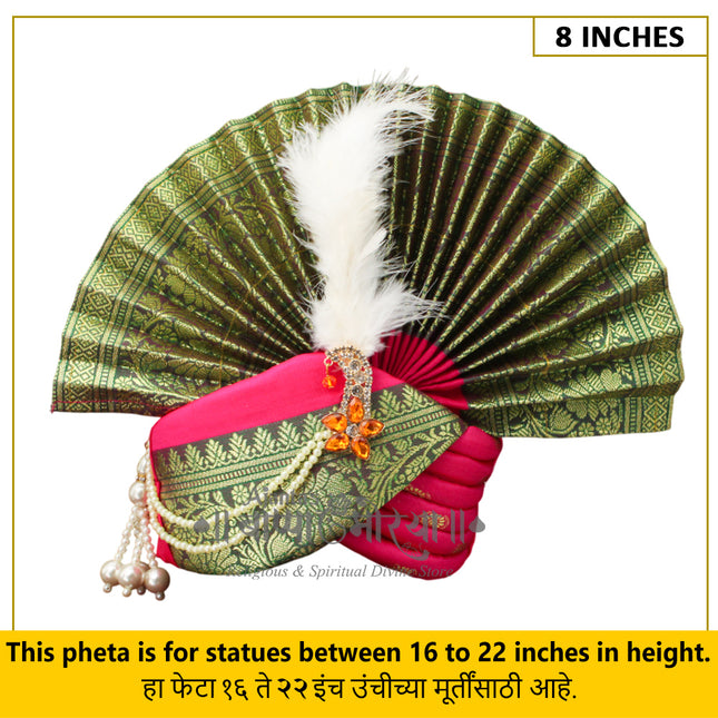 Traditional Ganpati Feta Mukut (Paithani Silk Turban) | Fits 16–22 Inch Height Idols | | 8 Inch Ear-to-Ear Size Royal Ethnic Crown with Feather, Moti Latkan, Adjustable Headgear ( Pink)