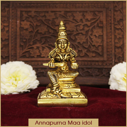 देवी माँ अन्नपूर्णेश्वरी देवी मूर्ती अन्नपूर्णा देवी मूर्ती देवी अन्नपूर्णी माँ मूर्ती पूजेसाठी आणि उपासनेसाठी अन्नधान्याची हिंदू देवी - 4 इंच उंची