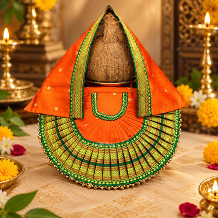 Rajnandani Mahalaxmi Devi Dress Poshak | Orange Colour Kolhapur Ambabai Style Goddess Vastra | Traditional Lakshmi Durga Idol Decoration for Daily Puja & Festivals (7 Inch Poshak)