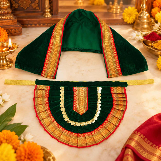 Green Velvet Lehanga Dupatta Poshak for Goddess Idol | Navratri, Margshirsh & Laxmi Puja DecorationNavratri Goddess Mata Rani Poshak, Maa Laxmi, Durga, Saraswati, Radha Shringar for Kalasha Pooja (9 Inch Poshak)