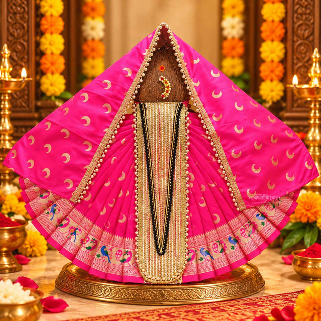 Karveer Nivasini Mahalaxmi Devi Dress – Traditional Ambabai Kolhapur Poshak for Goddess Idol | Puja Attire for Kalash Sthapana, Margashirsh Navratri, Guruvar Vratam & Daily Worship | Decorative Poshak for Devi Maa (12 INCH POSHAK)