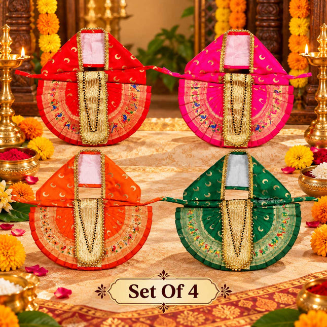 करवीर निवासिनी महालक्ष्मी देवी पोषाख (४ चा संच) | कोल्हापूर लक्ष्मी माता ड्रेस मंदिरासाठी आणि घरगुती पूजेसाठी | देवी मूर्ती आणि फोटो फ्रेम सजावटीसाठी पारंपरिक रेशीम साडी वस्त्र (१२ इंच पोषाख)