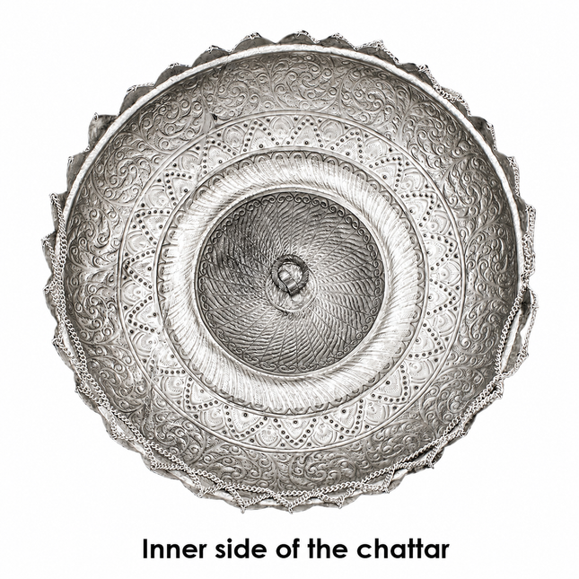 Chatra/Chattar in Brass with Silver Colour Polish (White Metal Finish) Handicrafts Brass Carved Chattar for God and for Big Temple Mandir with Attached Hook For Navratri Diwali  (Width -30 Inches) Jumbo Size