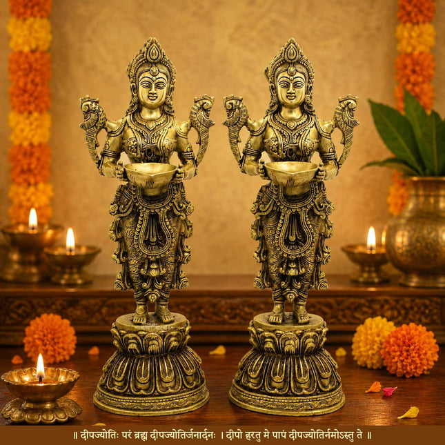 Paavai Vilakku (दीपलक्ष्मी ) Deep Laxmi Diya Welcome Lady Holding Oil Diya Handcrafted Laxmi Diya Pital Deepam Brass Lakshmi Holding with Diya Lakshmi Welcome Deep- Paavai Villakku (SET OF 2)(20 inch Height)