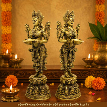 Paavai Vilakku (दीपलक्ष्मी ) Deep Laxmi Diya Welcome Lady Holding Oil Diya Handcrafted Laxmi Diya Pital Deepam Brass Lakshmi Holding with Diya Lakshmi Welcome Deep- Paavai Villakku (SET OF 2)(20 inch Height)
