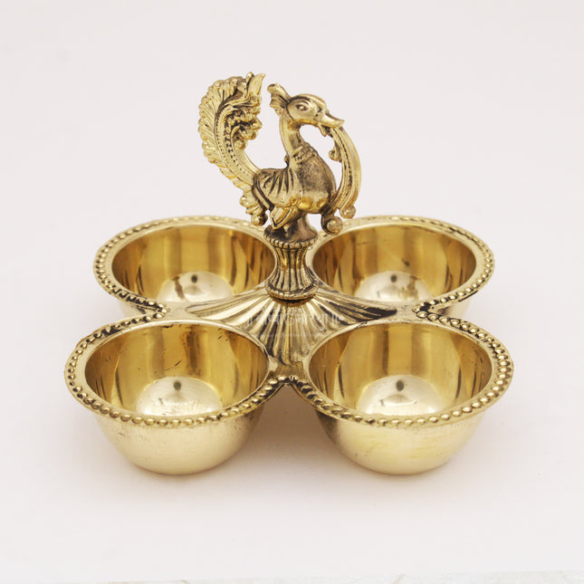 Brass Haldi Kumkum Karanda with Peacock Design – Traditional Elegance for Your Pooja Rituals